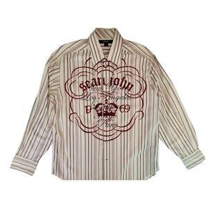 Sean John Mens Striped Button Down Shirt Long Sleeve Red Cream XL